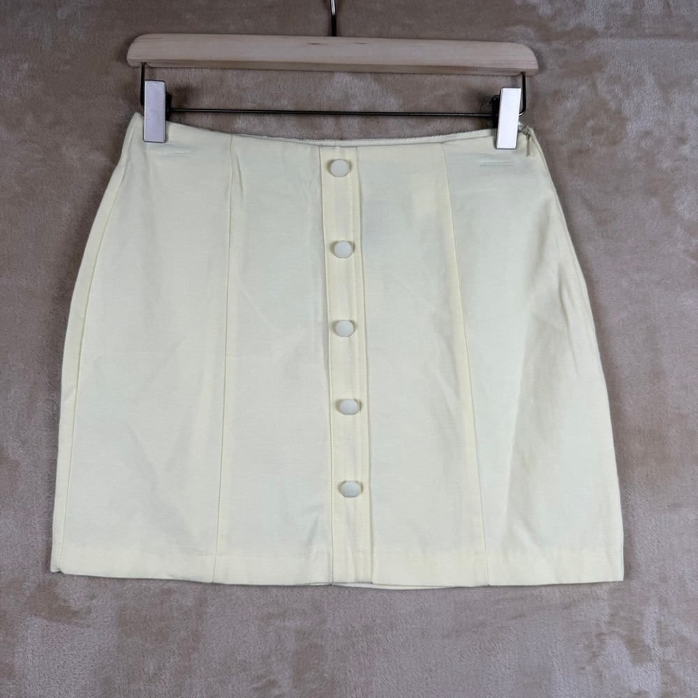 Zara Women Pale Yellow Linen Blend Button Front Mini Skirt XS Coastal Soft Girl